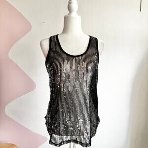 Black Sequin Mesh Tank‎ Top, Y2K Indie Sleaze Party Clubwear 2000s Glam Large